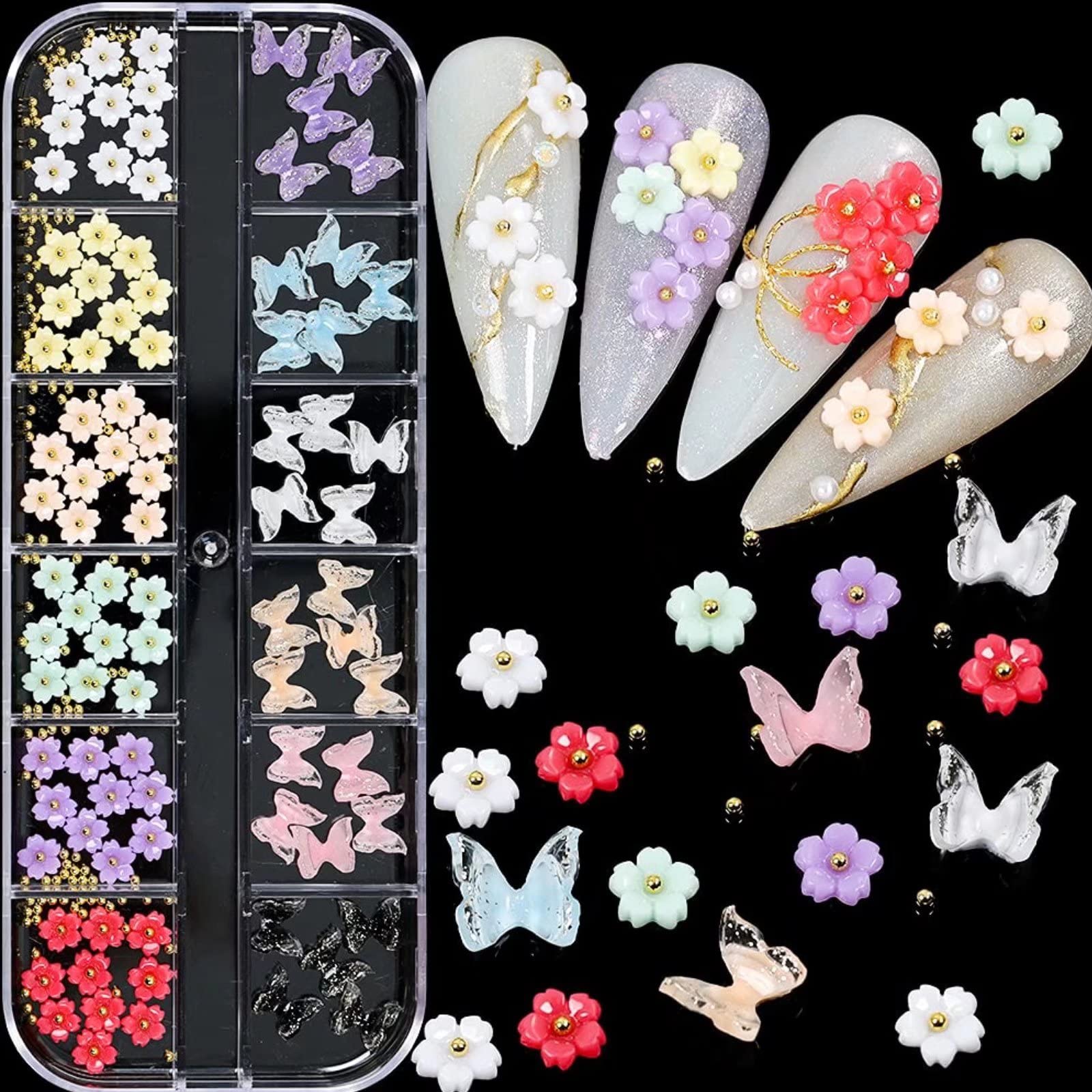 RUNRAYAY 3D Flowers & Butterfly Nail Charms, Nail Studs for Acrylic Nails with Golden Caviar Beads, Nail Art Diamonds for Women DIY Nail Rhinestones