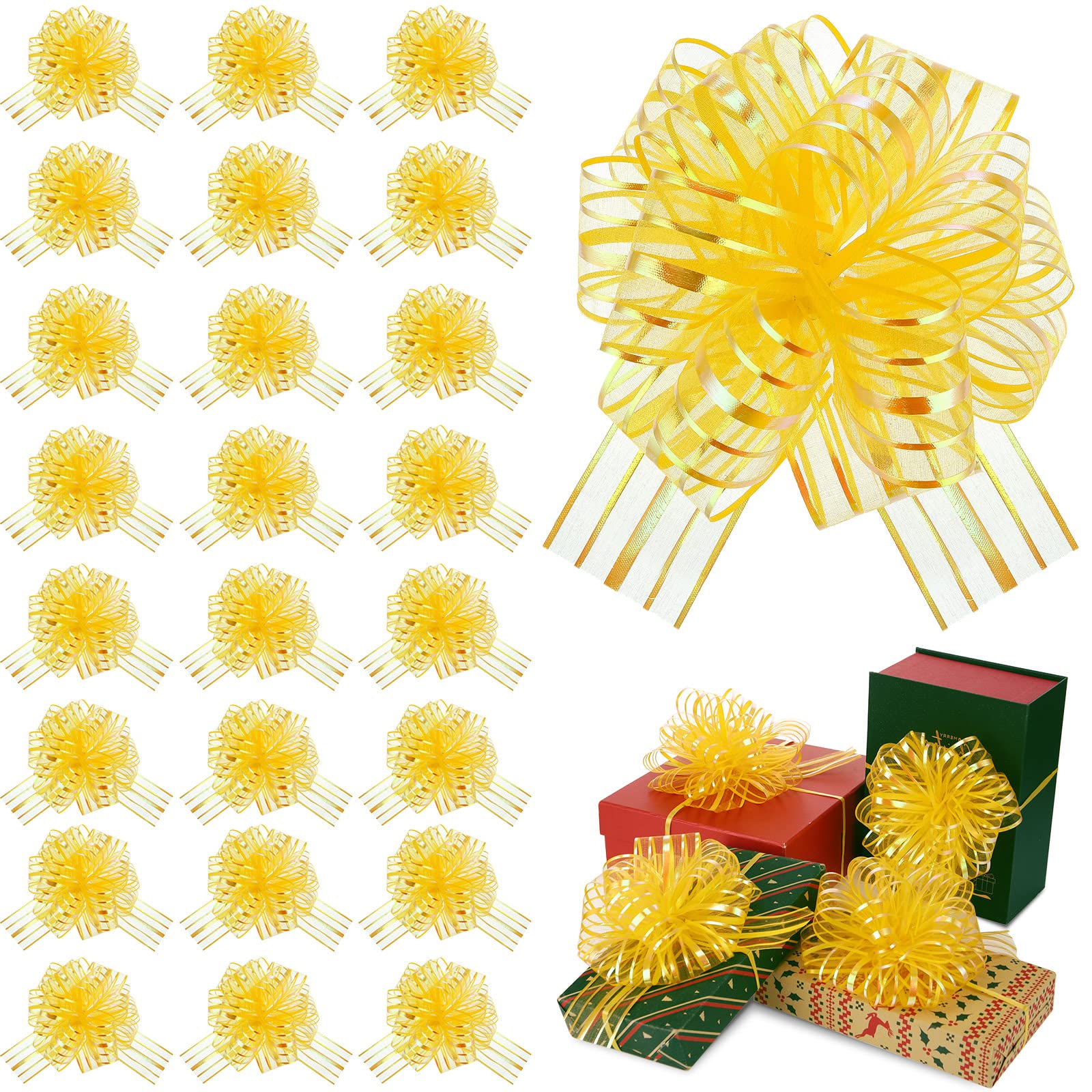 Poen 12 Pieces Pull Bow Large Organza Gift Wrapping Pull Bows with Ribbon for Wedding Gift Baskets (Yellow, 8 Inch)