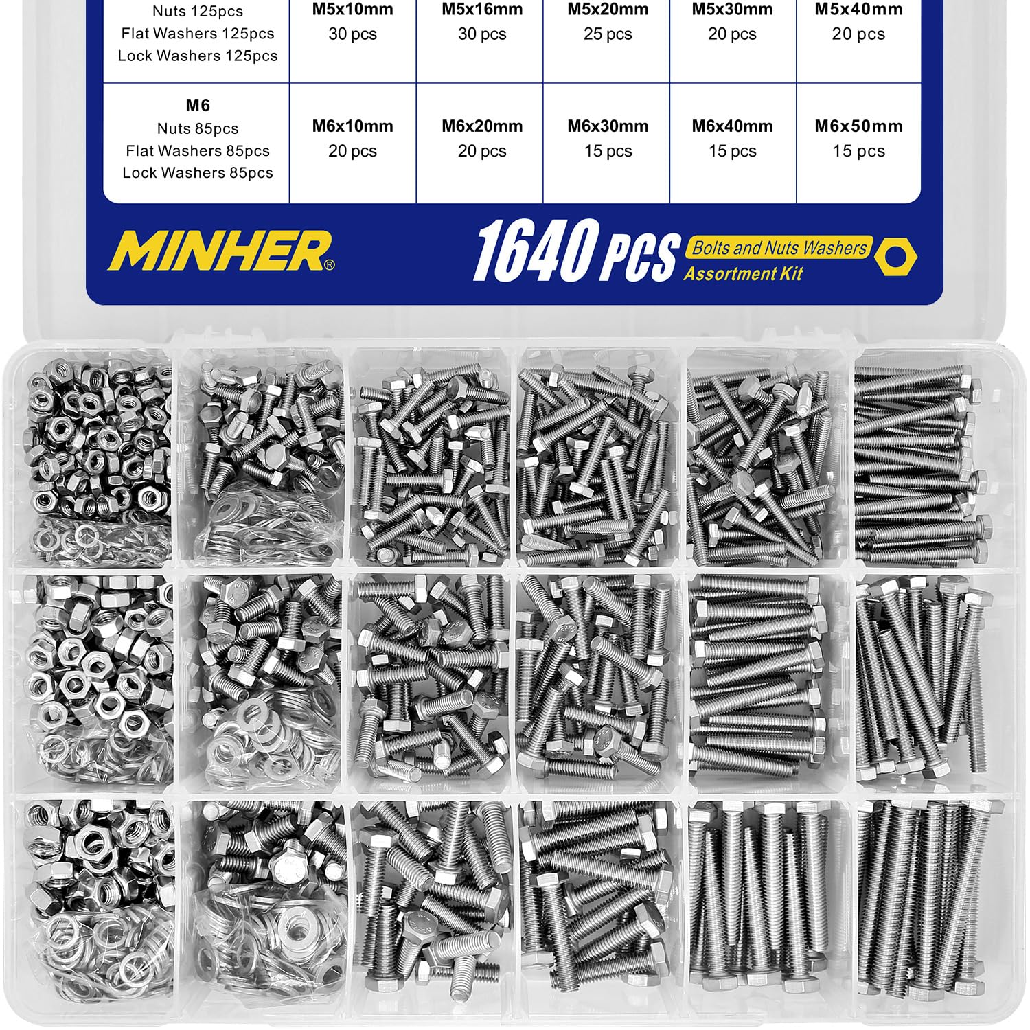 MINHER 1640PCS M4 M5 M6 Bolts and Nuts Assortment Kit 304 Stainless Steel(18-8) Hex Screws Nuts & Washers,Includes 15 regular sizes(Large box)