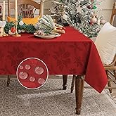 Softalker Christmas Jacquard Tablecloth, Winter Vintage Damask Rectangle Table Cover, Waterproof Poinsettia Snowflakes Polyester Table Cloths Decor for Holiday, Dining, Party - 60 x 84 inch, Red