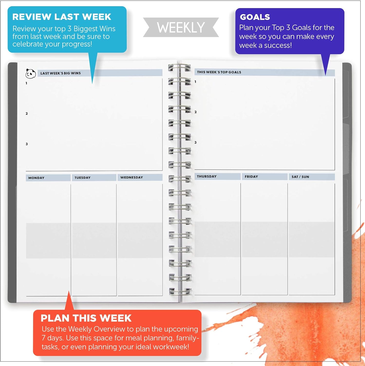 Daily Planner 2.0 - by Panda Planner 2020-2021 - Monthly Calendar, Weekly Organizer and Day Planner Sections - Undated and Wire Binding - 3 Month Planner - 8.25" x 5.75" - Gray : Office Products