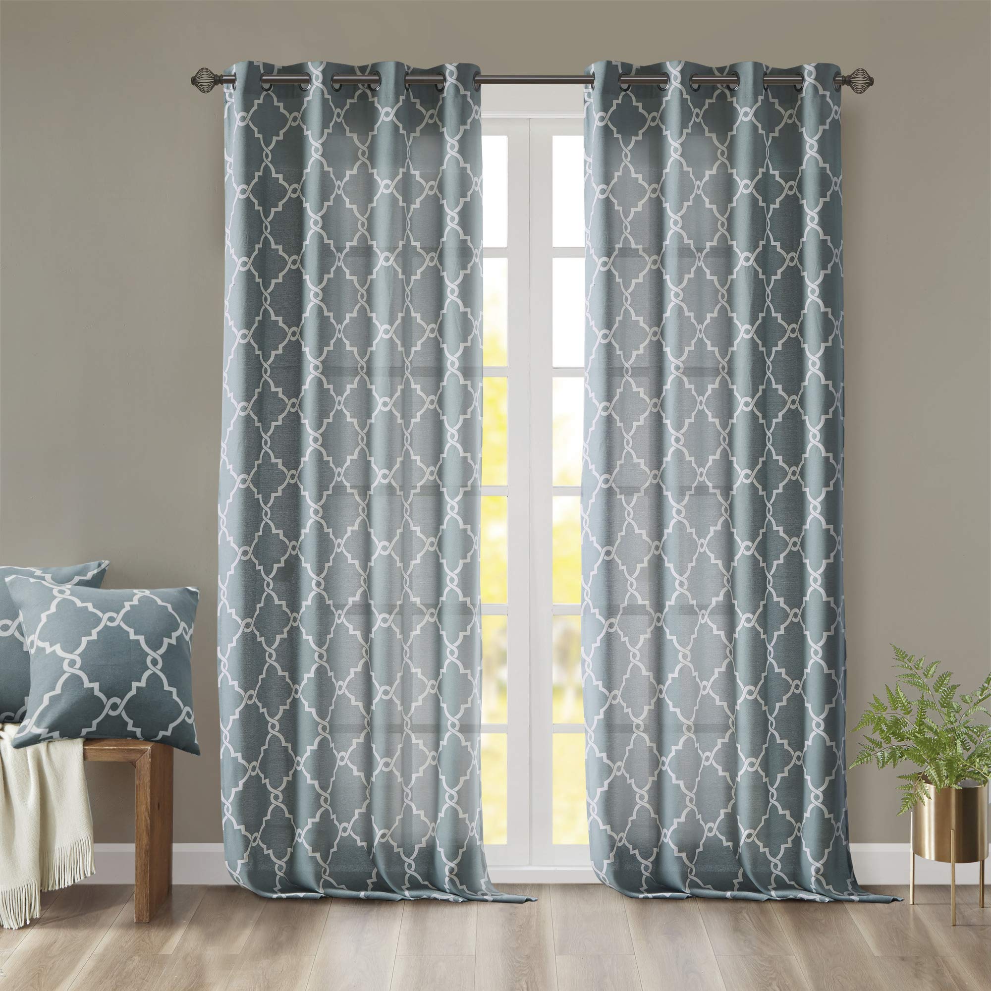 Madison Park Saratoga Single Window Curtain Light Filtering Fretwork Print 1 Panel Grommet Top Drape for Living Room Bedroom and Dorm, 50x108, Blue/White