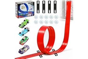 Portable Flexible Race Car Track Set with 4 Cars, 10 Suction Cups, 4 Connectors–14.7Ft Roll Up Race Car Track for Ages 3 & Up