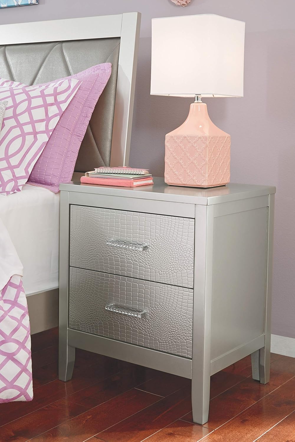 Ashley Furniture Signature Design - Olivet Nightstand - Contemporary Glam - 2 Drawers - Silvertone Metallic Finish - Chrome Pulls w/ Decorative Faux Crystals: Furniture & Decor