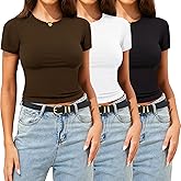 CE' CERDR 3/5 Pack Womens T Shirts Crew Neck Short Sleeve Shirts for Women Casual Basic Tees Fitted Stretchy Layering Tops