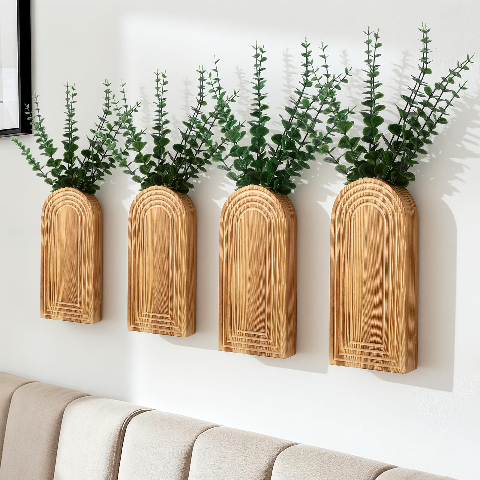 Photo 1 of 4 Pack Wooden Wall Vase Set, Modern Farmhouse Wall Decor with Brown Finish, Boho Planters for Living Room, Bathroom, Entryway, Dining Room Decor