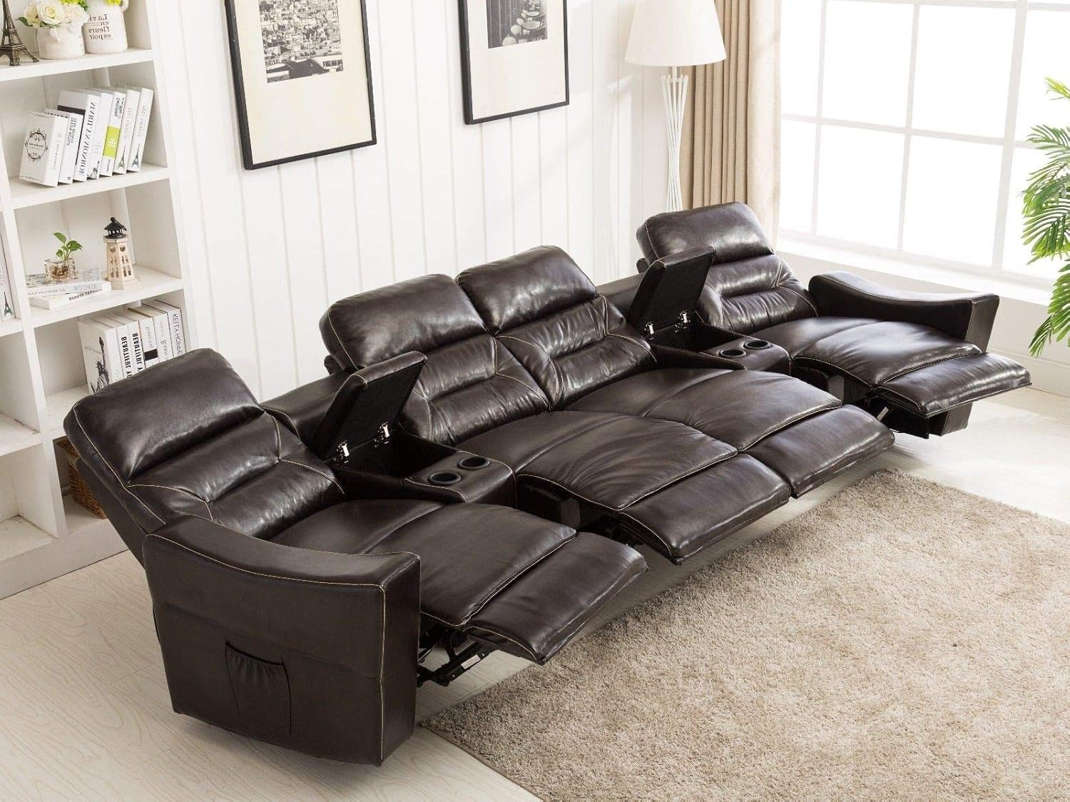 Mcombo Pu Leather 4 Seat Reclining Home Theatre Sectional Heated