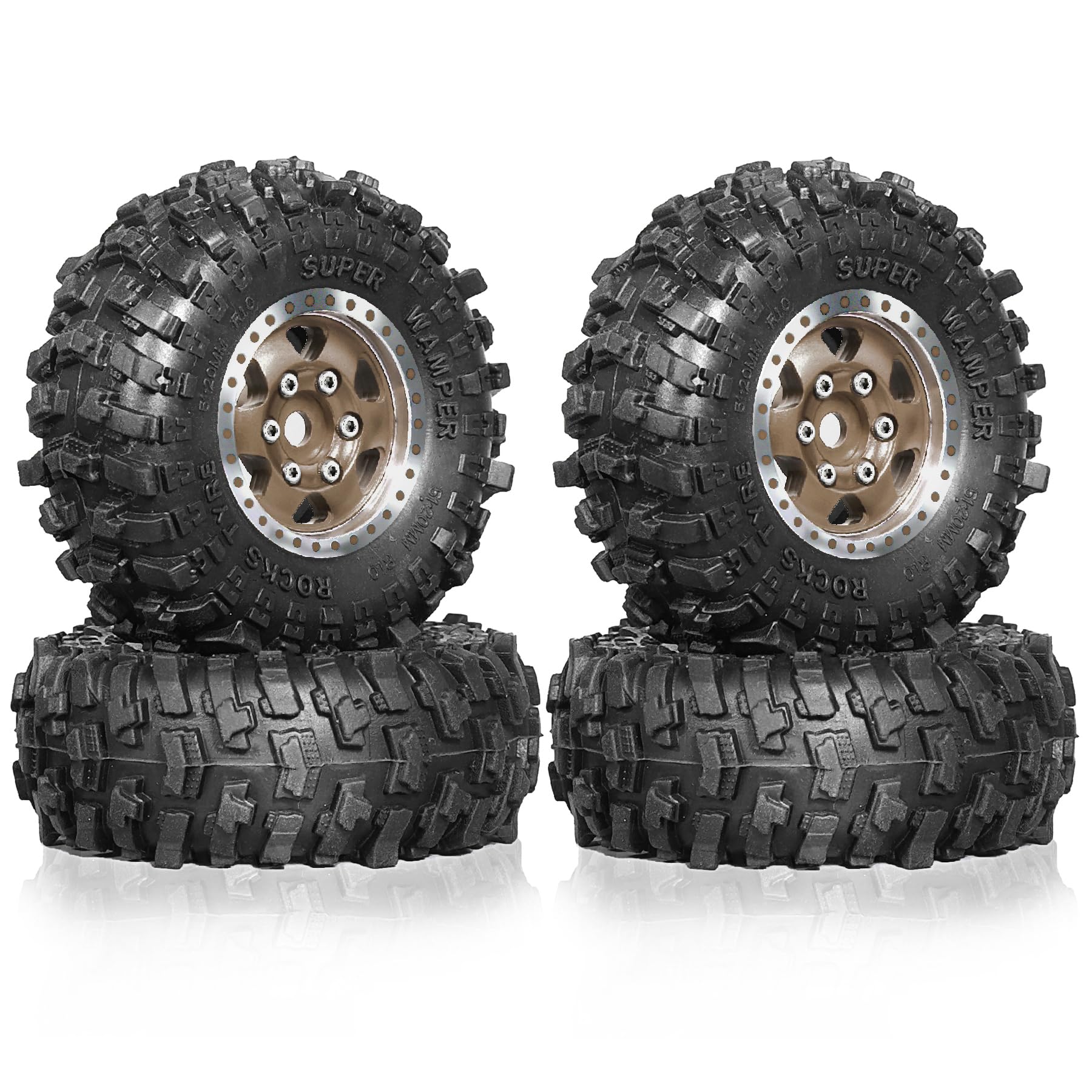 Photo 1 of Chanjorlin 1.0 RC Tires and Beadlock Wheels Rims Offset -2.5mm 1/24 1/18 Super Soft Sticky Mud Slingers Tyres for 1:24 1:18 Rock Crawler Car Axial SCX24 FMS AX24 FCX18 FCX24 TRX4M 4Pcs (Bronze)