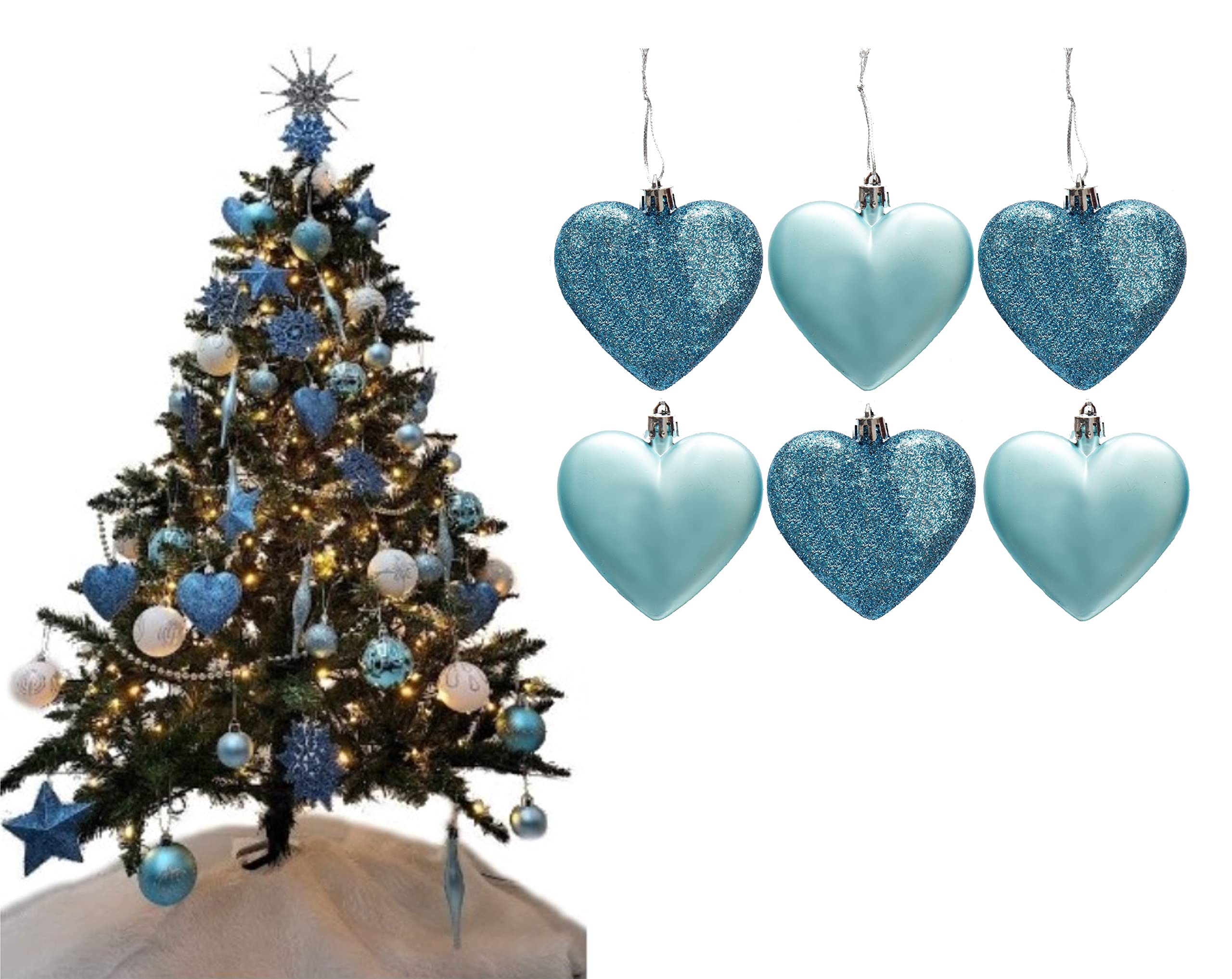 6pc Large Glitter & Matte Heart Baubles - Great Christmas Tree Decorations, Heart Baubles (Ice Blue)