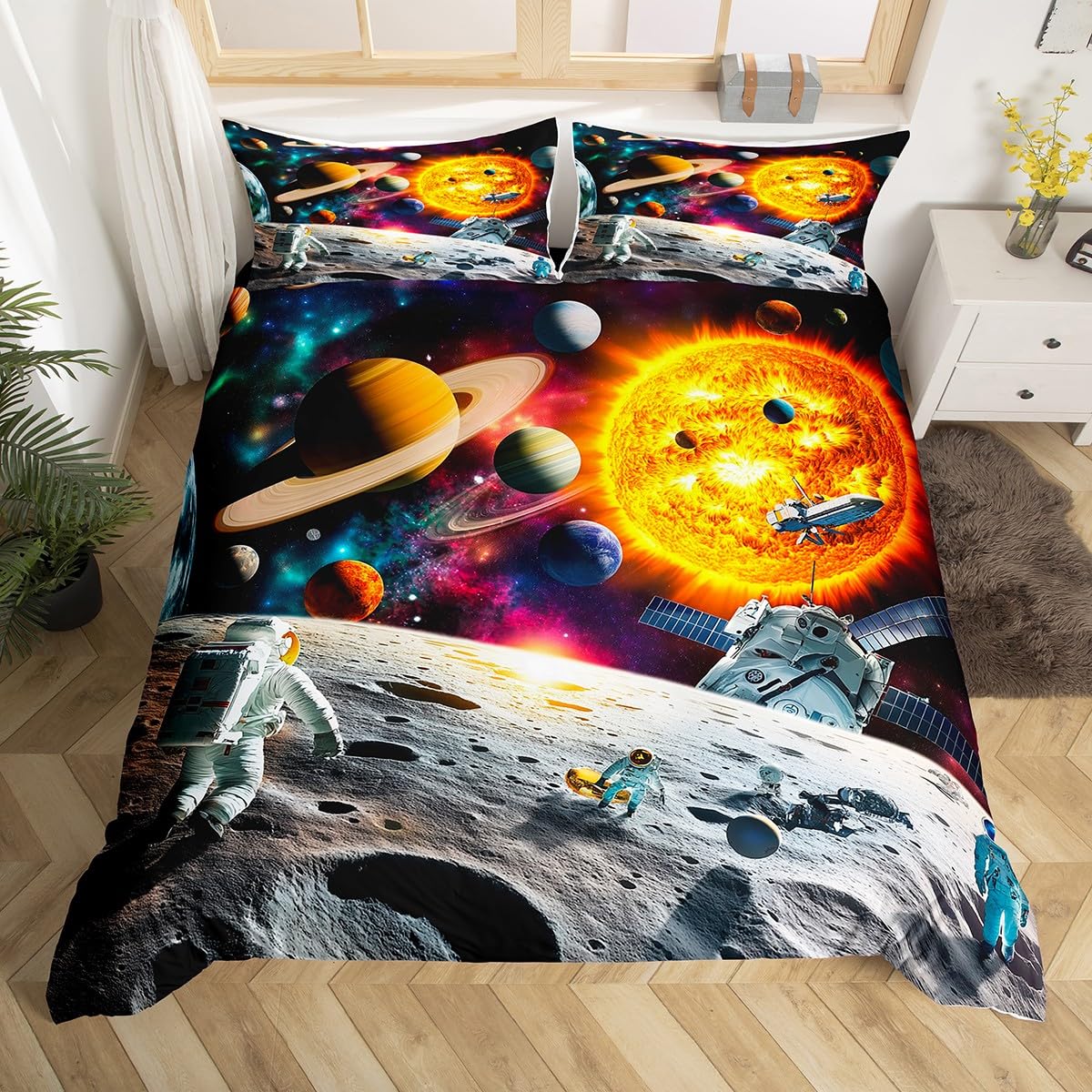 Homewish Planet Earth Bedding Set Solar System For Kids Duvet Cover Double,Universe Comforter Cover Zodiac Astronaut Spacecraft Bed Set Galaxy Starry Sky Stars Constellation Bedroom Decor Purple