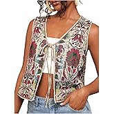 GORGLITTER Women's Western Cardigan Floral Boho Vest Sleeveless Tie Front Trendy Country Concert Cowgirl Outfits