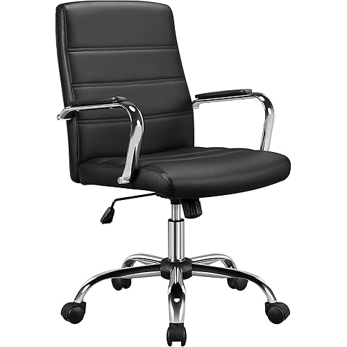 Yaheetech Office Chair Leather Mid-Back Office Chair with Arms Ergonomic Desk Chair with Back Support and Backrest/Height Adjustable Modern Executive Chair Swivel Chair, Black