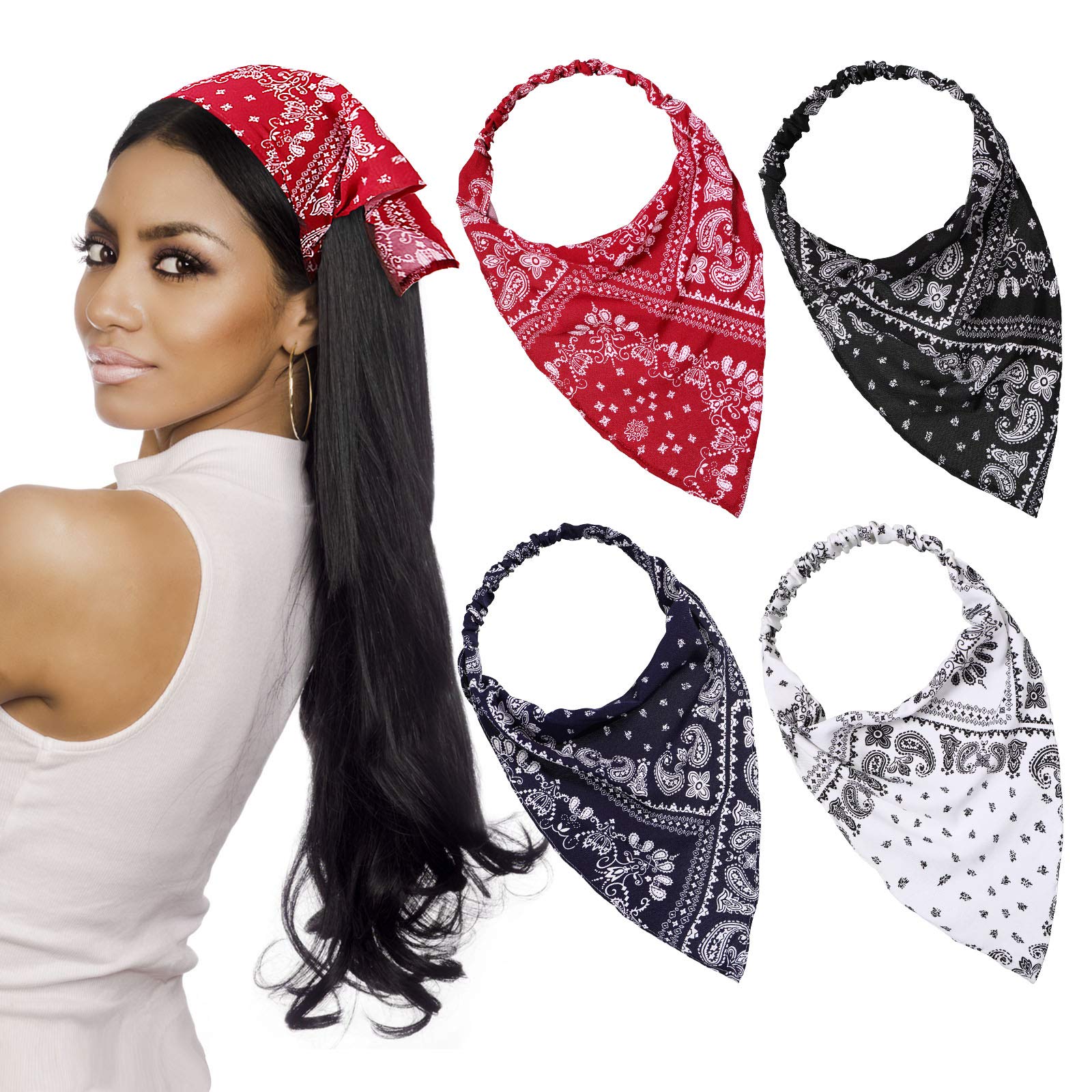 Photo 1 of Syhood 4 Pieces Elastic Hair Scarf Headband Print Vintage Turban Cotton Headwrap Triangle Kerchief Head Scarf Hair Bandanas for Women Girls