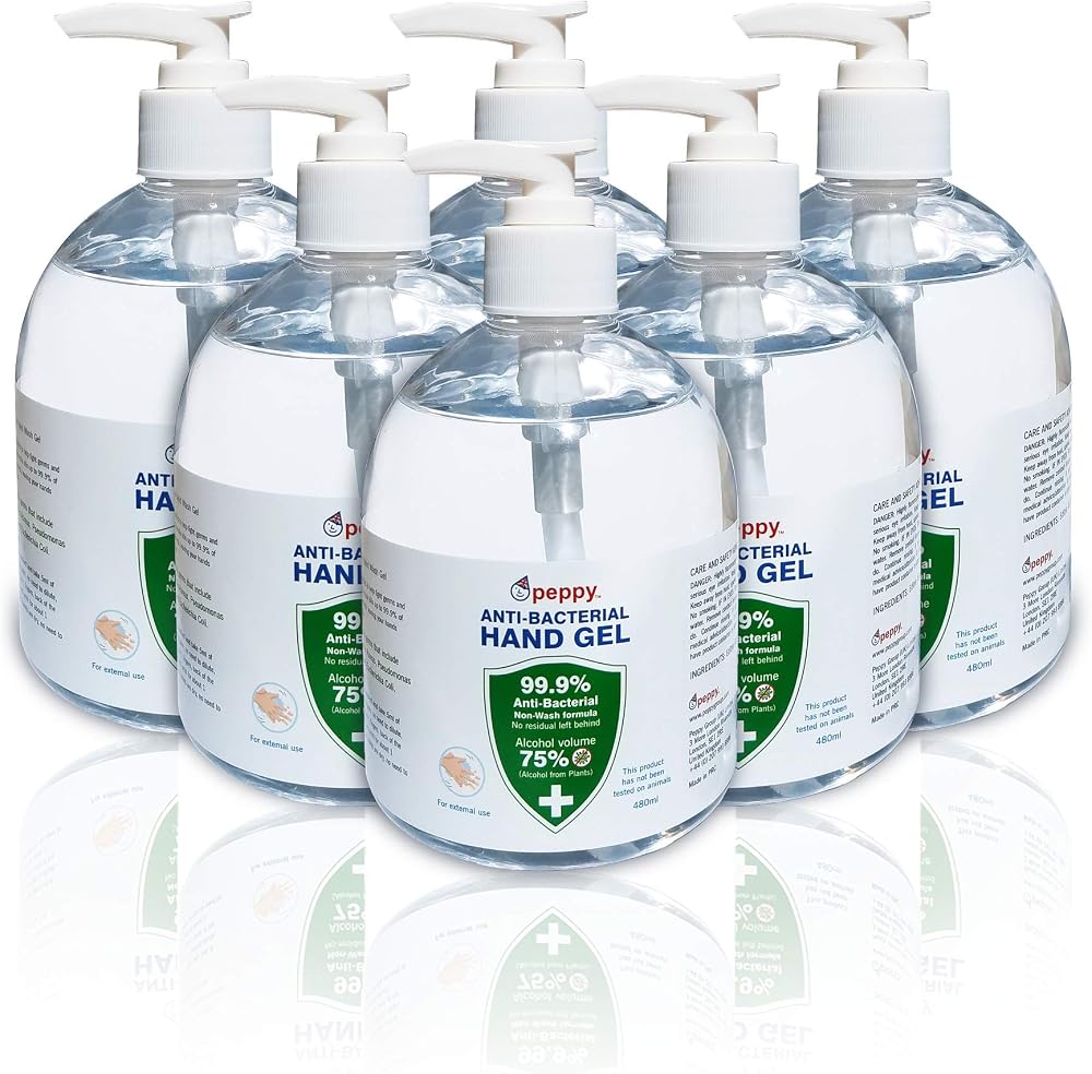 Peppy 6 x 480ml Hand Sanitiser Gel 75% Plant-Based Alcohol EU Compliant