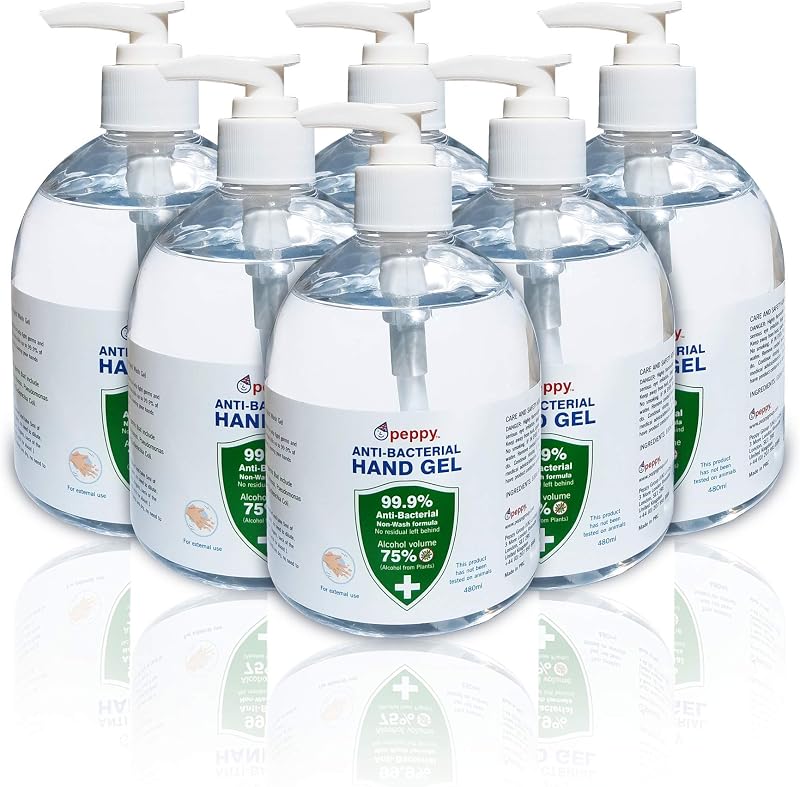 Peppy 6 x 480ml Hand Sanitiser Gel 75% Plant-Based Alcohol EU Compliant