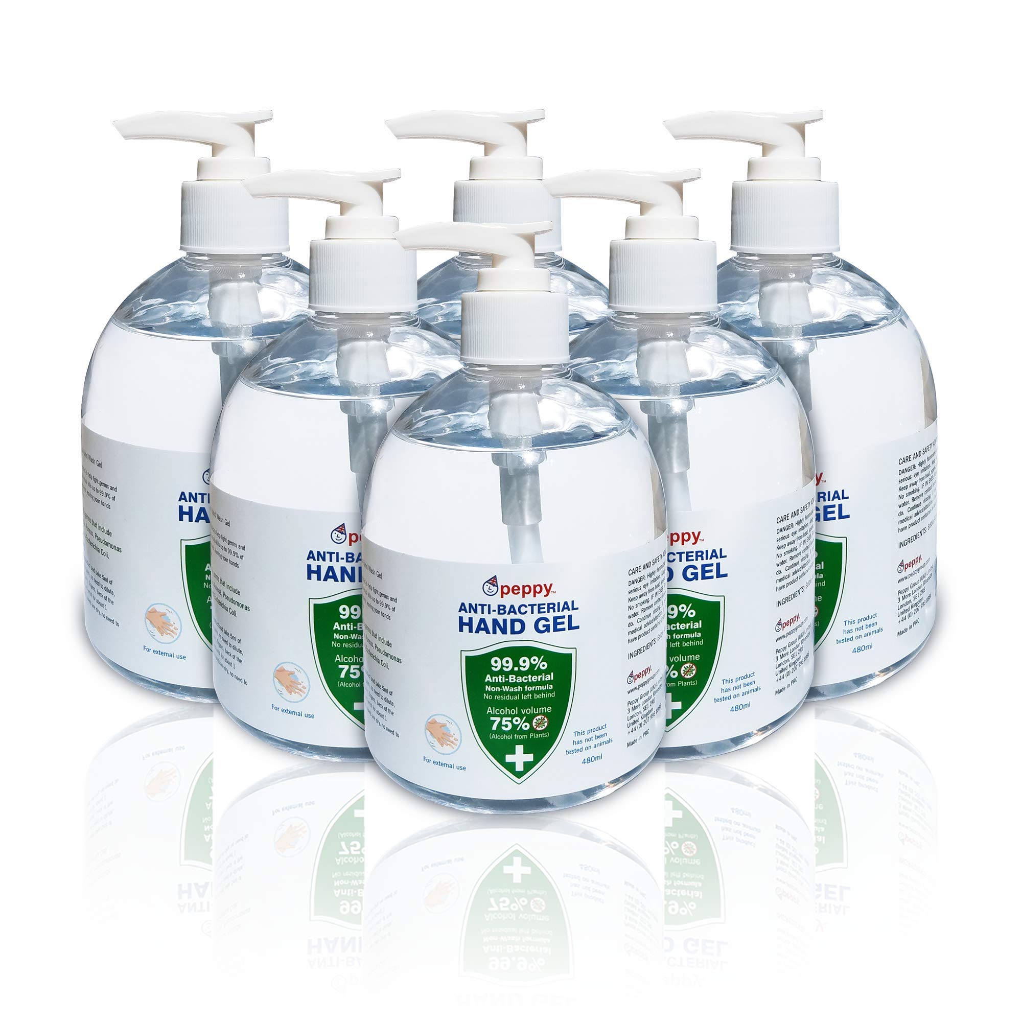 6 x 480ml Hand Sanitiser Gel by PeppyPure - Made With 75% Plant-Based Alcohol - Kills 99.9% of Bacteria - EU Compliant