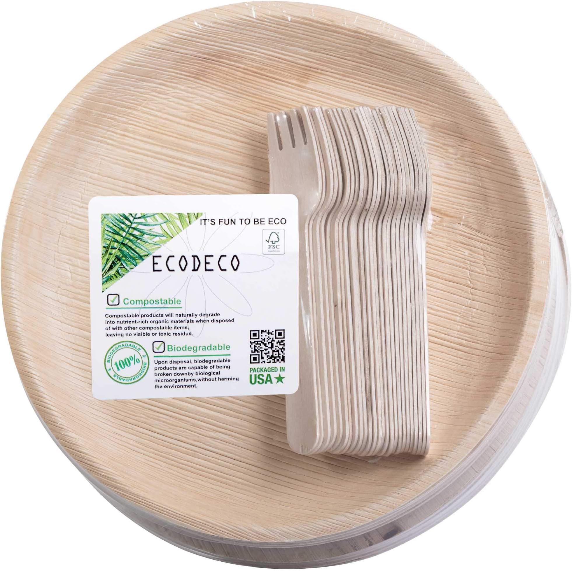 50 PCS Party Eco Friendly Disposable Dinnerware Set - 25 Palm Leaf 10 inch Plates and 25 Wooden Forks - Compostable