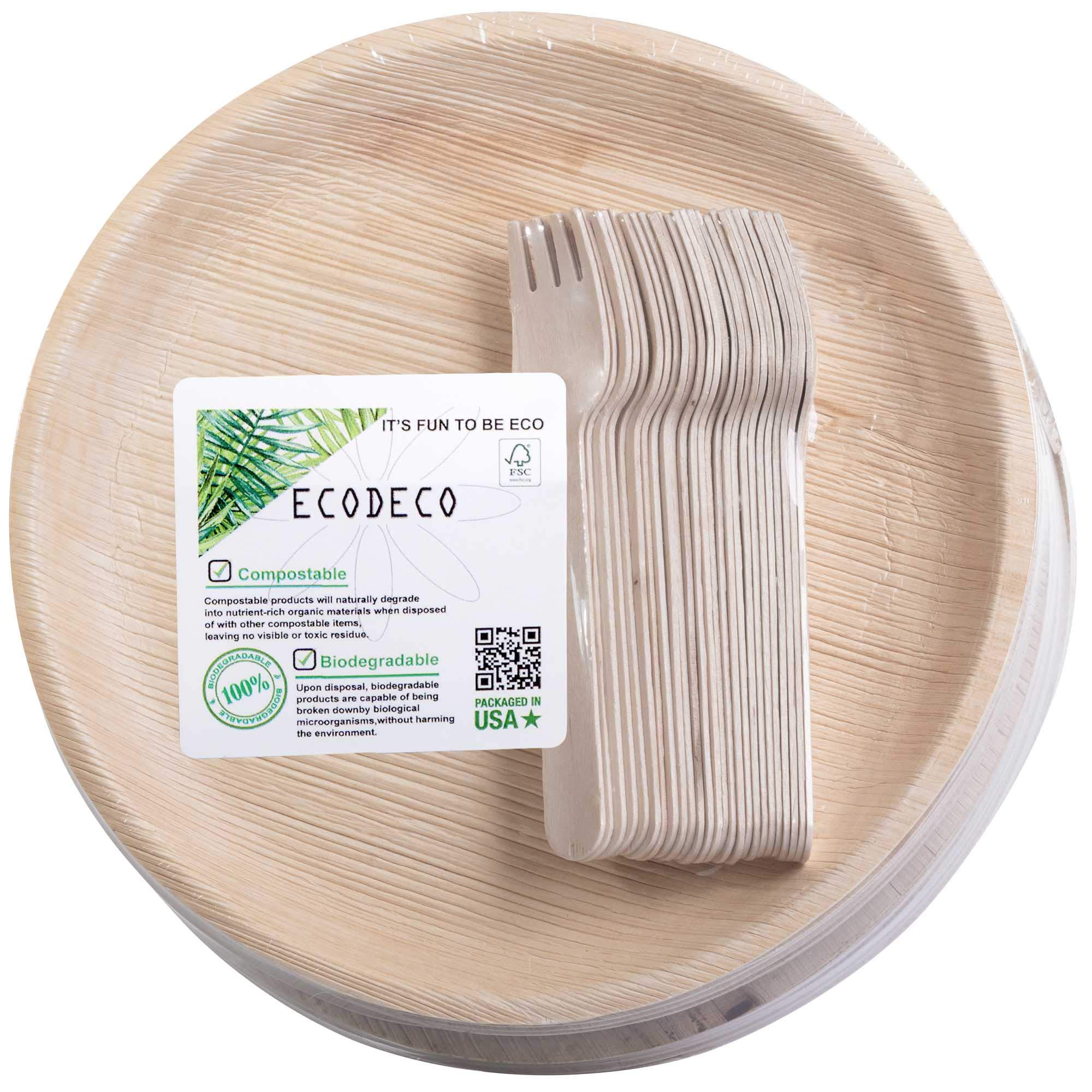50 PCS Party Eco Friendly Disposable Dinnerware Set - 25 Palm Leaf 10 inch Plates and 25 Wooden Forks - Compostable