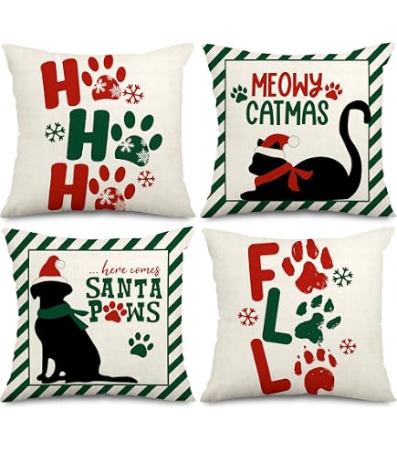 Set Of 4 Meowy Christmas Cat Pillow Covers 18x18 Inch - Kitten Holiday Throw Pillow Cases For Cat Lovers & Christmas Decor