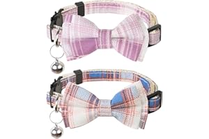BANMODER Cat Collar Breakaway with Bells,Cute Cat Bow Tie,2 Pack Safety Plaid& Flower Kitten Collar for Girl Boy Male Cats (Purple & Blue)