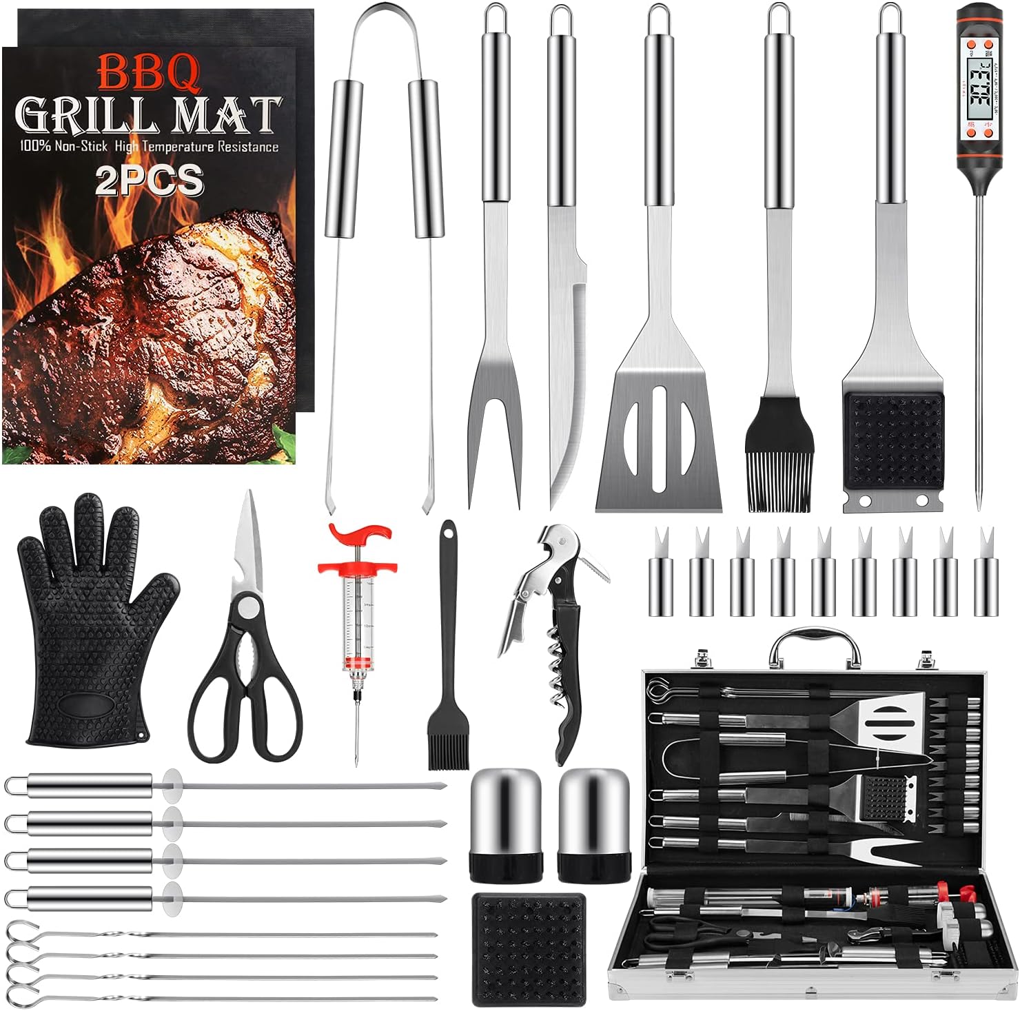 Birald Grill Set BBQ Tools Grilling Tools Set Gifts for Men, 34PCS Stainless Steel Grill Accessories with Aluminum Case, Thermometer, Grill Mats for Camping/Backyard Barbecue, Grill Utensils Set for Dad : Garden & Outdoor