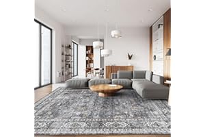 Rugcomf 8x10 Rug Washable Boho Rug Soft Large Area Rug Non-Slip Non-Shedding Faux Wool Vintage Rug for Living Room, Farmhouse, Dining Room, Indoor, Kids Playroom (Grey and Brown)