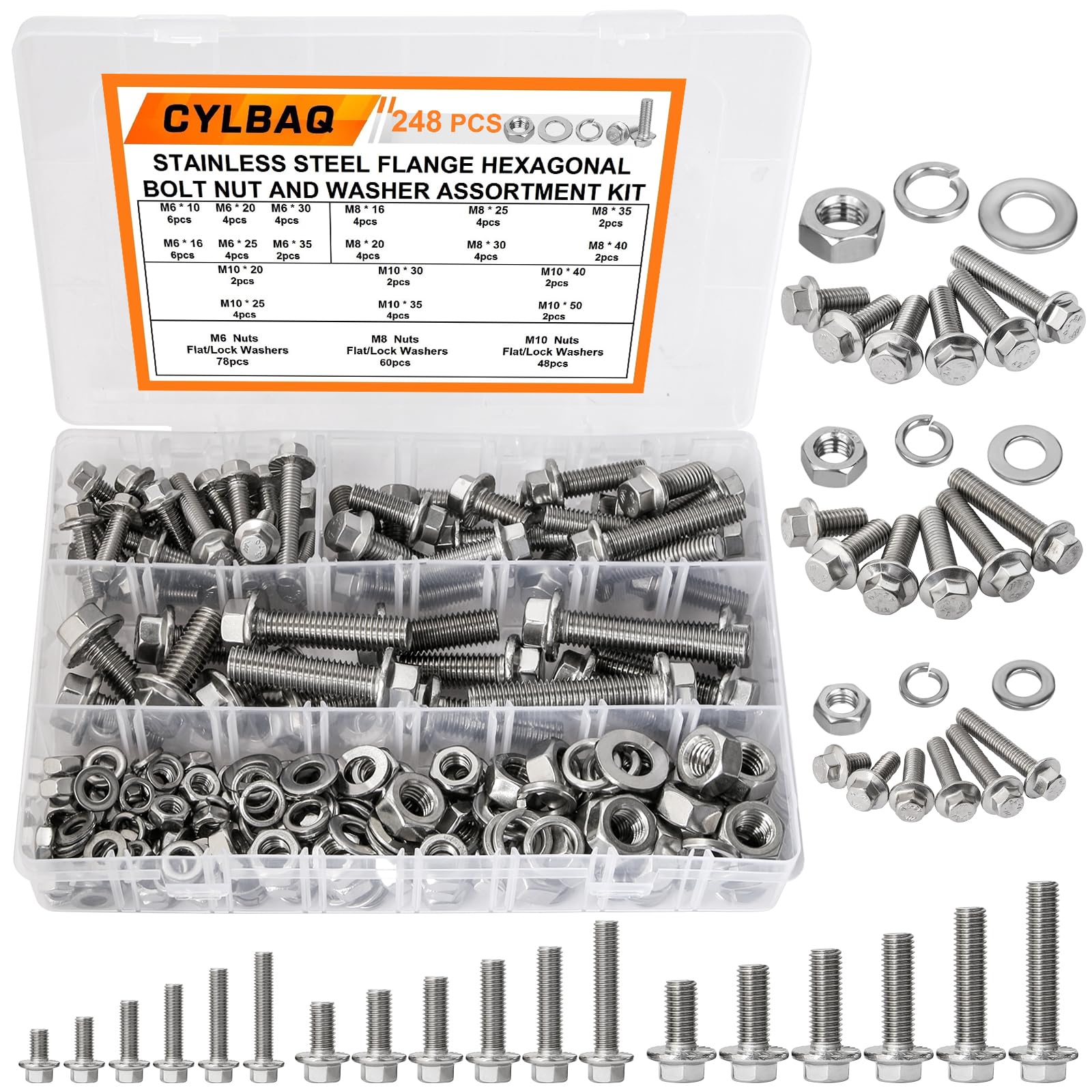 CYLBAQ 248PCS Flanged Hex Bolt and Nut Sets, M6 M8 M10 Flange Hexagon Screws Bolts Nuts, 304 Stainless Steel Nut and Bolt Washer Assortment Kit Set M6-1.0 M8-1.25 M10-1.5 — image 1