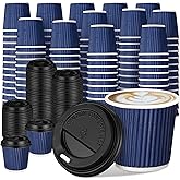Uiifan 100 Set 4oz Disposable Espresso Cups with Lids Ripple Corrugated Paper Disposable Coffee Insulated Hot Ripple Cups for hot Chocolate, Tea, and Cocoa Drinks(Blue)
