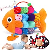 Baby Sensory Toys 0-6 Months Musical Tummy Time Stuffed Plush Flip Fish Toy | High Contrast Newborn Toys 0-3-6-12 Month with Mirror Crinkle Rattle Teether for 2 3 4 5 6 Month Infant Girl Boy Shower Gift