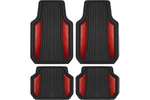 Motor Trend ChromeTech Car Floor Mats Full Set - Durable Rubber Floor Mats for Cars with Two Tone Accent, All Weather Interior Protection for Front and Rear with Non-Slip Backing, Red Chrome