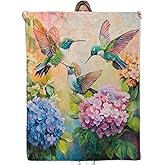 Bidesk Hummingbirds & Hydrangeas Blanket Soft Cozy Flannel Throw Blanket, Warm & Lightweight Graceful Floral Birds Blankets for Travel, Couch, Bed, for Women Girls, Fuzzy Outdoor Comfort Wrap 60"×50"