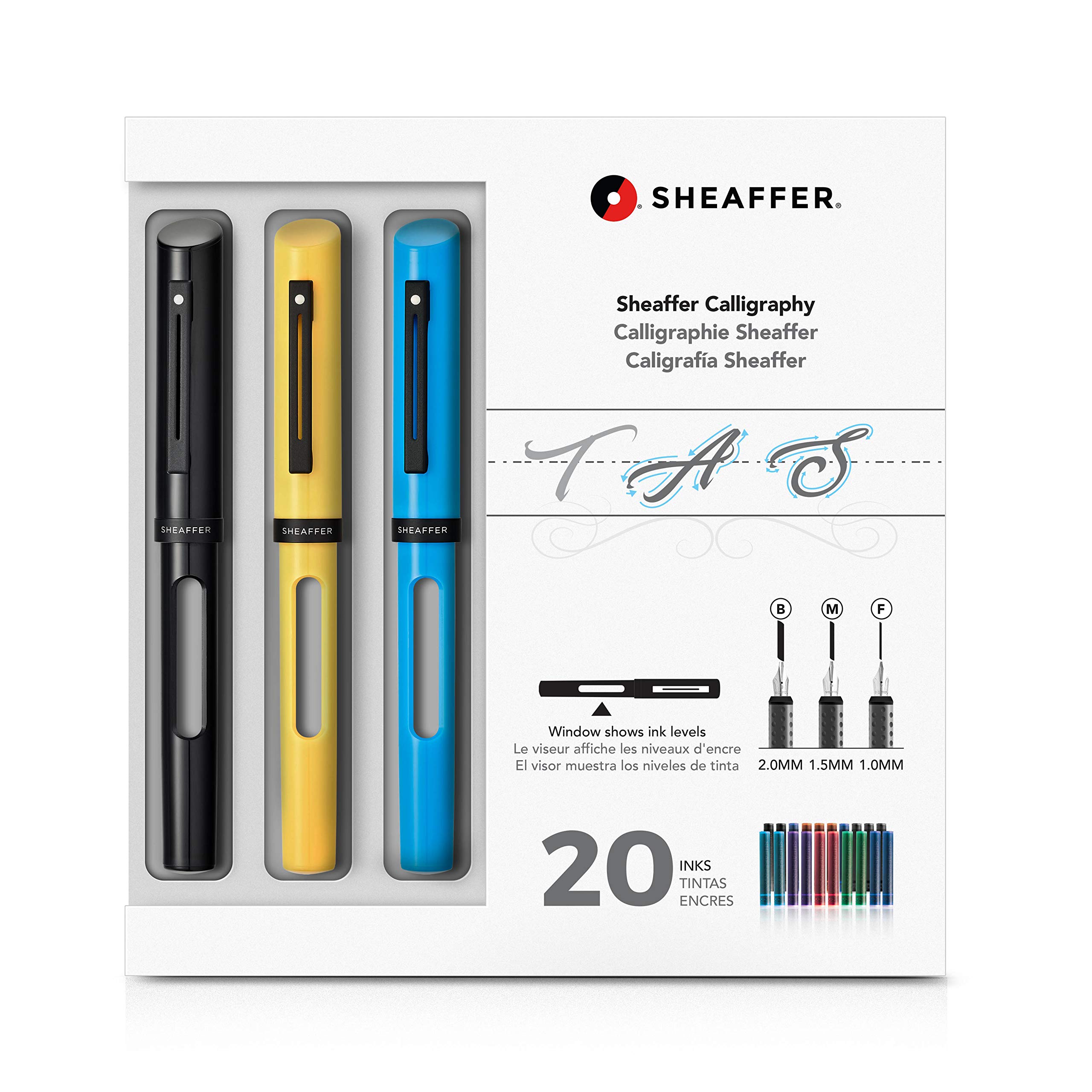 Sheaffer Calligraphy Maxi Kit black, yellow, blue - 3x refillable fountain pens, 3x nibs, 20x assorted inks