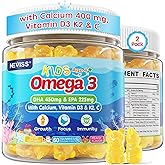 Kids Omega 3 Gummies + Calcium 400mg + Vitamin D3 K2 + C, Omega-3 DHA & EPA Supplement - No Fish Burps, No Sugar - Kids & Teens Omḛga 3 + Multivitamin Gummy for Strong Bones, Brain, Immune, Eye, 2Pack