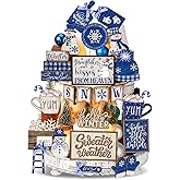 CroBlissful 23 Pcs Winter Tiered Tray Decor Snowman Farmhouse Decor Christmas Tiered Sign Winter Table Centerpieces Snowman Wood Blocks Signs for Home Shelf, Without Tray(Blue,Snow)