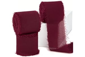 CLUEWR Burgundy Chiffon Ribbon 1.5 Inch x 3 Rolls Total 21 Yards Handmade Fringe Silk Chiffon Fabric Ribbon for Gift Wrapping Wedding Invitation Bridal Flower Bouquet DIY Crafts Home Decor