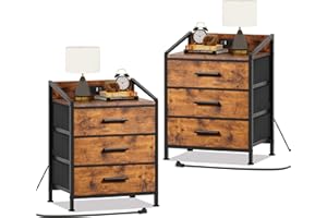 EKNKOZY Nightstand 3 Drawer Dresser with Charging Station, 11" D x 15.6" W x 21" H, Set of 2 Side Table with Fabric Drawers, End Table, Small Dresser for Bedroom (Rustic Brown, Set of 2 with Charger)
