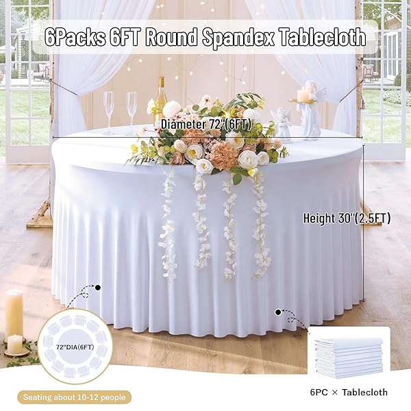 LEEGLERI 6 PACK SPANDEX WHITE ROUND TABLECLOTHS FOR 72IN TABLE, STRETCHY 132INCH FITTED 6FT ROUND TABLE CLOTHS, WRINKLE FREE TABLE COVER WITH SKIRT FOR WEDDING BIRTHDAY PARTY BRIDAL SHOWER BANQUET