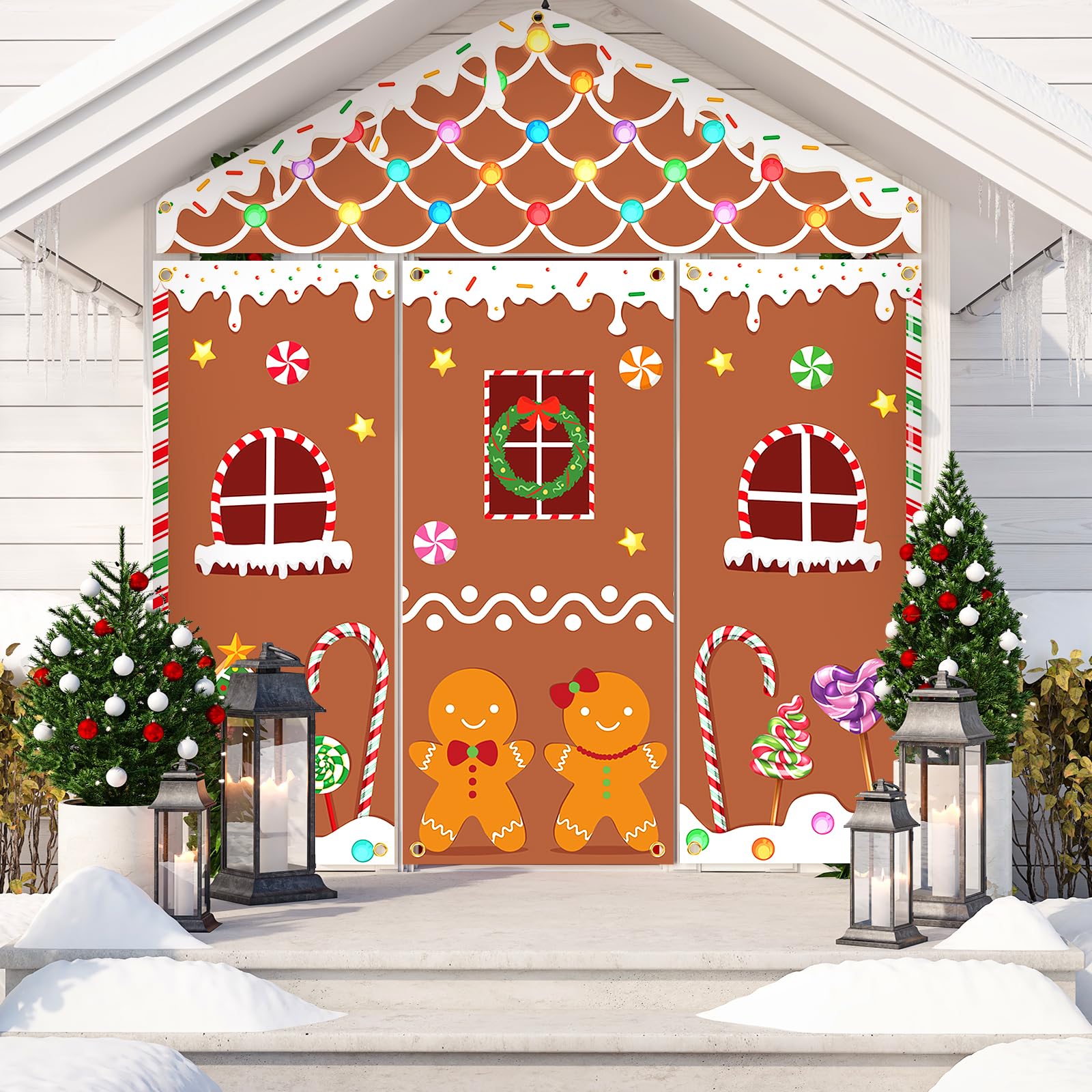Photo 1 of 4 Pcs Christmas Gingerbread House Door Cover Decoration Xmas Candy Hanging Banners Merry Christmas Porch Sign Backdrop Outdoor Door Covers for Winter Holiday Classroom Office Home Kitchen Party Decor