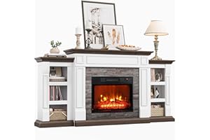 Naice 72" Electric Fireplace with Mantel and Cabinets, Fireplace TV Stand for Living Room Bedroom, Stacked Stone Surround and Remote Control 3D Realistic Flame