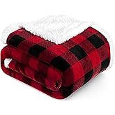 PAVILIA Black and Red Buffalo Plaid Sherpa Throw Blanket for Couch, Christmas Red Black Checkered Fleece Blanket and Throws, Soft Fuzzy Flannel Blanket for Sofa Bed, Cozy Winter, 50x60
