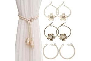 6Pcs Curtain Tiebacks, Beige Flower Curtain Ties with Adjustable Strap, Adjustable Curtain Tiebacks Boho Curtain Tie Backs Co
