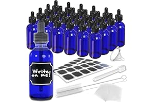 Nevlers 2 Oz Glass Dropper Bottle 24 Pack | Leakproof Cobalt Blue Glass Tincture Bottles with Dropper, Shrink Wrap, Funnel, Cleaning Brush, Labels, & Marker | Oil Bottles for Essential Oils & More