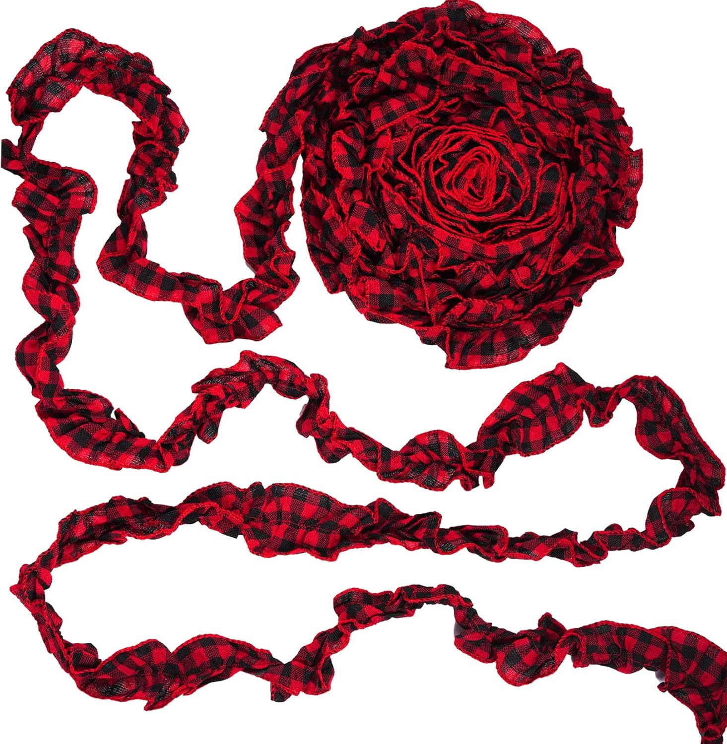 Bows & Ribbons - Plaid Christmas Tree Garland Buffalo Plaid Ribbon Ruffled Christmas Tree Ribbon for Home Wreath Staircase Christmas Crafts Decoration (Red and Black)