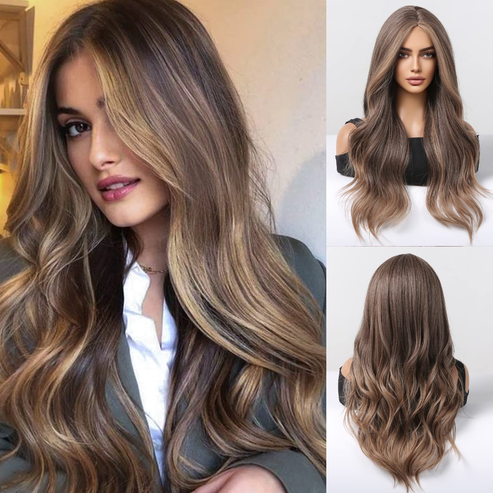 HAIRCUBE Long Brown Wavy Wigs for Women with Highlights, Synthetic Curly Hair Wig with Middle Parting