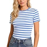 YumiDay Striped Shirt Women Short Sleeve, Crewneck T-Shirts for Woman Stripes, Fitted Ribbed Tee Stretchy