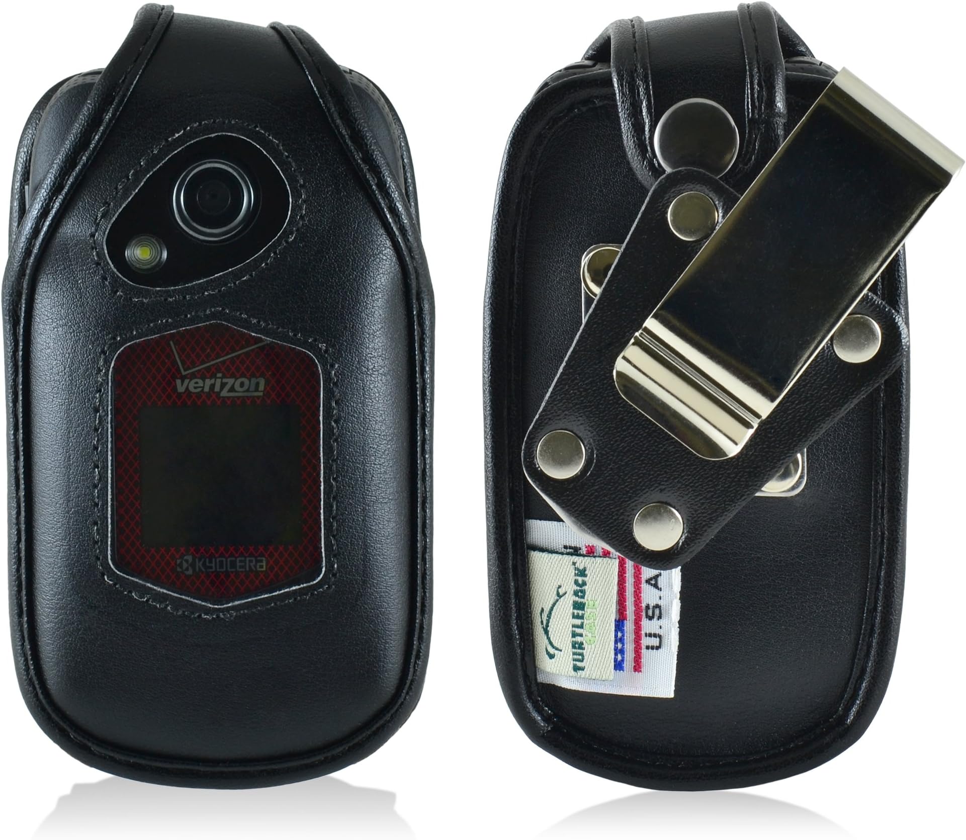 Turtleback Fitted Case Made for Kyocera DuraXV Plus Flip Phone Black Leather Rotating Removable Metal Belt Clip -