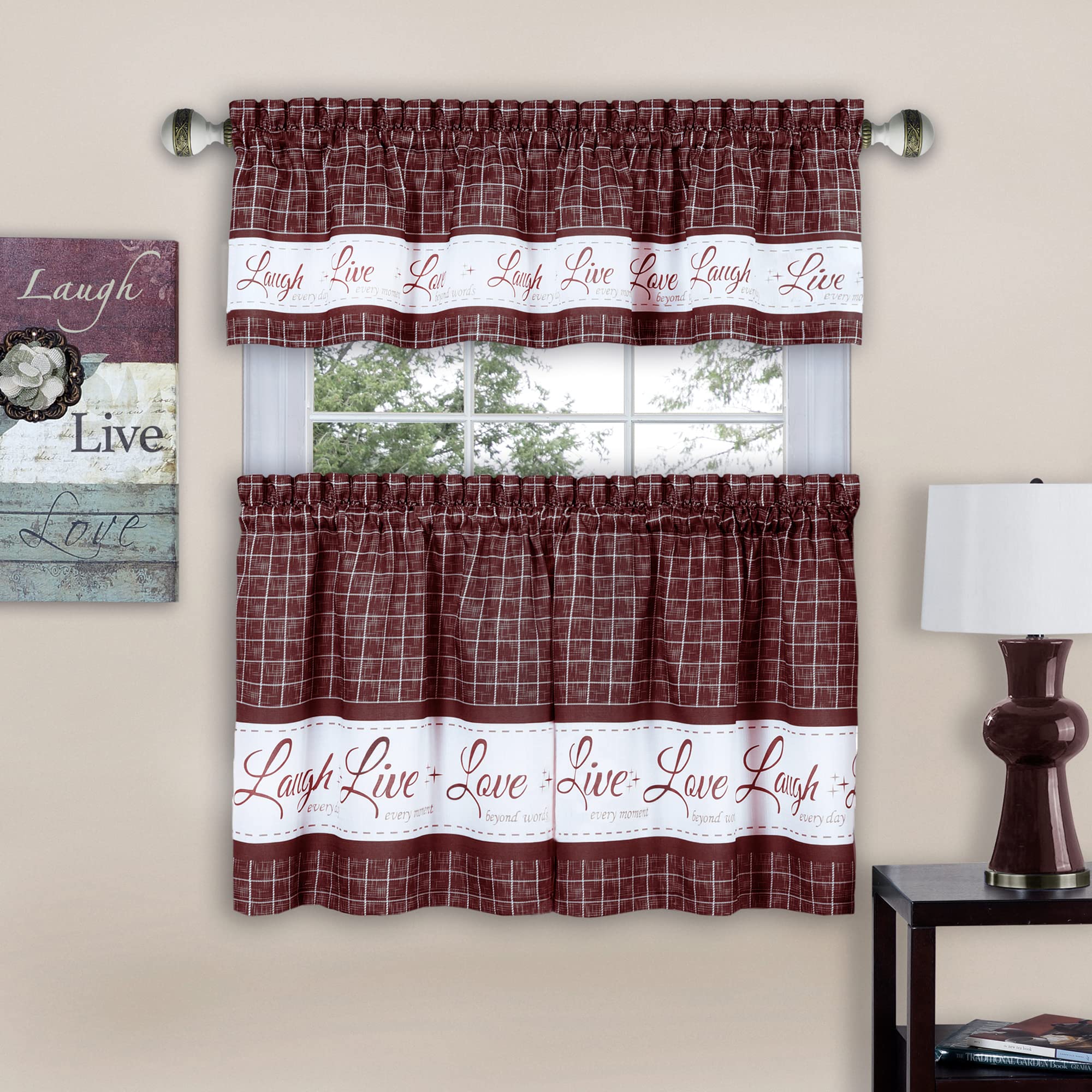 Tier and Valance Window Curtain Set - 58 Inch Width, 36 Inch Length - Live, Love, Laugh (Burgundy) - Light Filtering Drapes for Kitchen, Bedroom, Living & Dining Room by Achim Home Decor