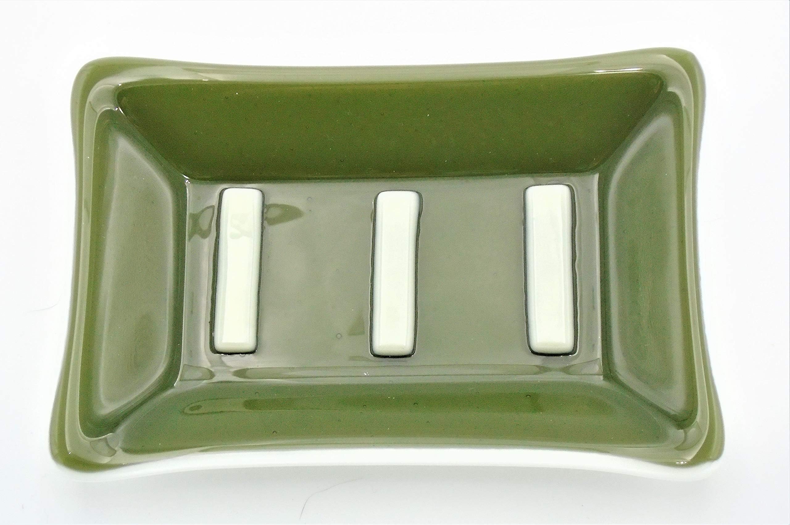 Decorative Green and Ivory Soap Catchall Trinket Dish Handcrafted Fused Glass