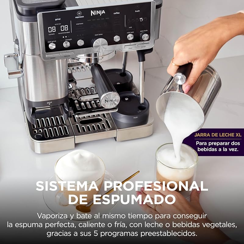 Luxe Pro, Cafetera 3 en 1, con Molinillo y Espumador, Plata