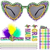 Lingdeer 7PCS Mardi Gras Accessories Set for Women, Heart-Shaped Sunglasses, Feather Glitter Headband, MARDI GRAS Earrings & Bead Necklaces, Mardi Gras Outfit Gifts Decorations Carnival Party Favors